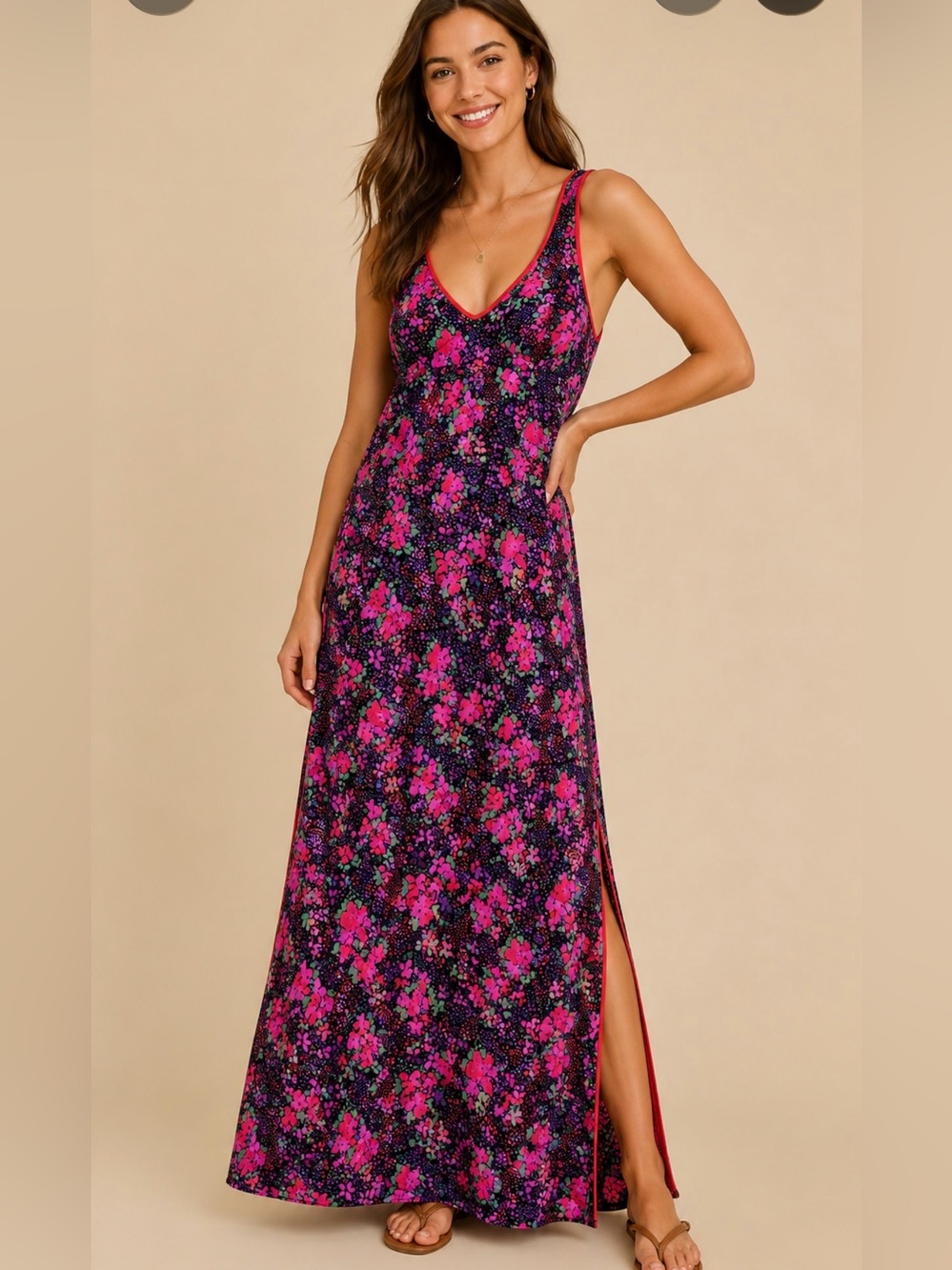 Free People Floral Midi Dress Pink Neon Slip Dress Side Slit Size LG NWT